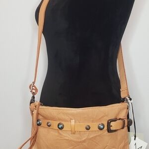 Elegant Tan Crossbody Bag with Decorative Accents